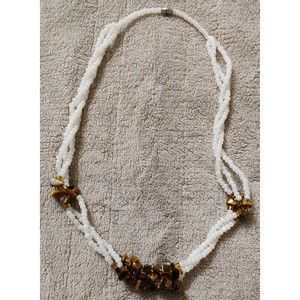 Triple Strand Necklace tiger eye accent and twisted white beads 23 inches long